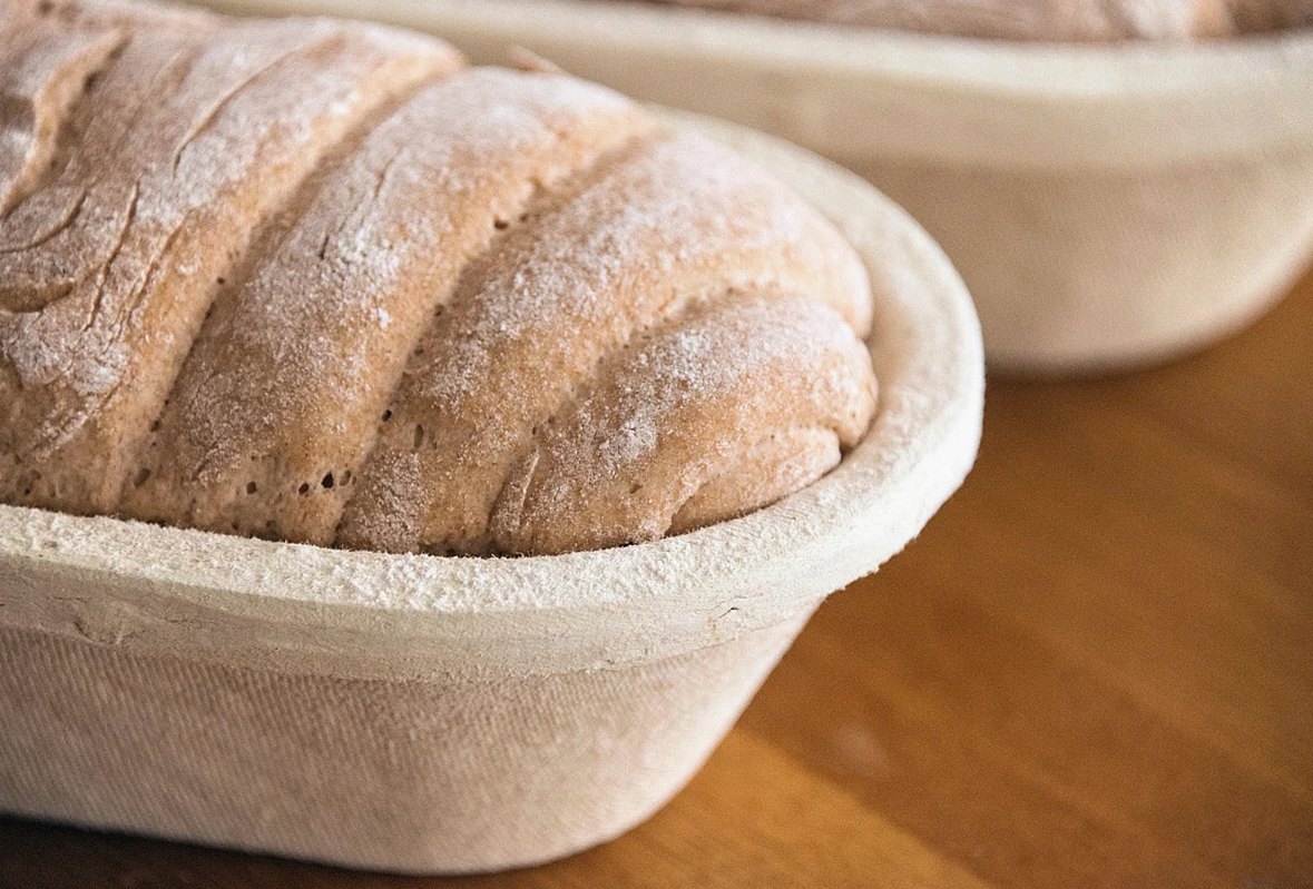dough, fermentation basket, loaf, flour, whole wheat, whole grain bread, meal, food, wood pulp